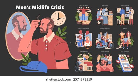 Men's Midlife Crisis concept. Exploration of male concerns about aging, career, health, and relationships. Emotional impact, lifestyle changes, self-reflection moments. Vector illustration.