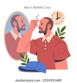 Men's Midlife Crisis concept. A man assesses his aging reflection, contemplating time and identity change. Personal growth, self-reflection, aging process. Vector illustration.