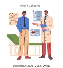 Men's Midlife Crisis concept. A mature man discusses health concerns with a doctor in a consultation room. Addressing male wellness and medical advice. Vector illustration.