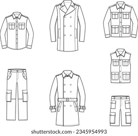 Men's military clothing  Shirt  trench coat  pants  coat  vest  jacket  shorts  Set  Fashion CAD  Vector illustration 
