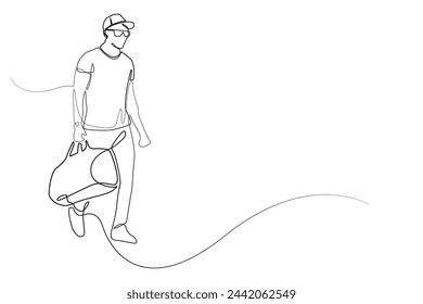 Men's minimalist outfit. Continuous line. Man in minimalist clothes wearing a hat and glasses carrying a bag. Man with a fit body.