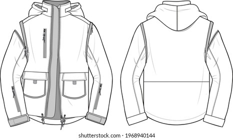 Men's Modular Jacket. Jacket technical fashion illustration. Flat apparel Jacket template front and back, white color. Men's CAD mock-up.