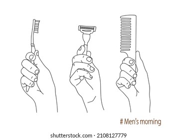 Men's morning. Hand holds a toothbrush, a safety razor for shaving, a comb. Morning self care and your face. Personal hygiene items. Taking care of your health. Sketch, linear drawing