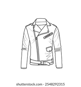 Men's motorcycle jacket retro notched biker coat asymmetric zipper technical fashion vector illustration drawing template