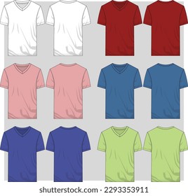 Mens multi color V neck t shirt flat sketch