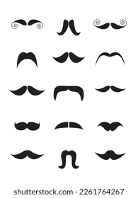 Men's mustaches black beard. Hipster, gentleman, barbershop. Fashionable facial hairstyles flat Vector Illustration set. 