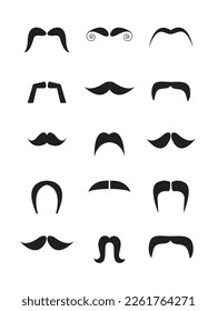 Men's mustaches black beard. Hipster, gentleman, barbershop. Fashionable facial hairstyles flat Vector Illustration set. 
