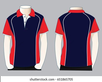 Men's Navy-Red-White Short Sleeve Polo Shirt With White Piping Design Vector.Front and Back View.