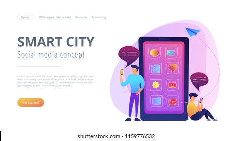 A mens near huge smartphone with application icons on the screen checking social media and news feeds. Smart city and social media landing page. News tips, violet palette. Vector illustration.