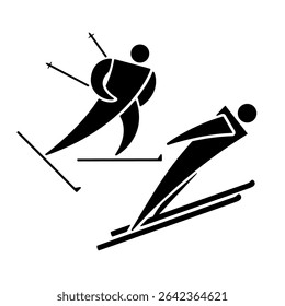 Ícone esportivo nórdico masculino combinado, silhueta preta isolada em branco. Correr esqui cross-country e atleta de salto de esqui, sinal de estêncil minimalista. Clipart de vetor para jogos de inverno e design esportivo.