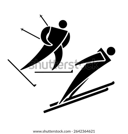 Men's Nordic combined sport icon, black silhouette isolated on white. Running cross-country skiing and ski jumper athlete, minimalist stencil sign. Vector clipart for winter games and sport design.