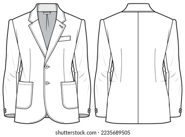 Chaqueta Blazer de solapa holgada para hombres traje plano dibujo de moda dibujo técnico con vista frontal y posterior. Ropa de doble botón de mama simple 