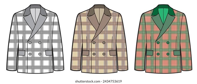 Men's office checkered jacket. Vector technical sketch