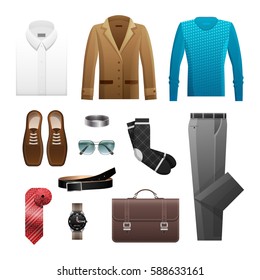 Men's outfits set for everyday life. Vector poster of white shirt, brown jacket, blue sweater, umber shoes black socks, grey trousers and wristband, dark bag, ruddy rolled tie, dark watch and belt
