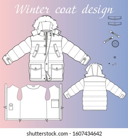 Men's Outwear. Fashion Technical Drawing. Winter Coat Design - Vector.