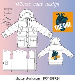 Men's Outwear. Fashion technical drawing. Winter coat design - Vector.