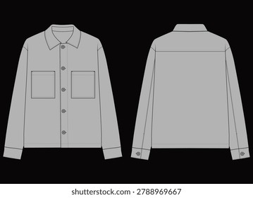 Men's Overshirt Technical Flat Sketch Front and Back View Vector Template