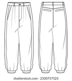 Men's Oversize Jogger pants front and back view flat sketch fashion illustration, Knitted track bottom pants vector template, Sweatpants design drawing