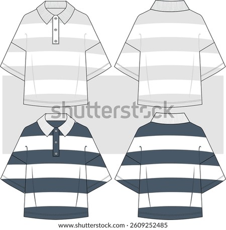 Men's oversize striped t-shirt technical drawing. rugby stripes, short sleeves, polo collar technical illustration, vector. front and back view. CAD mockup.