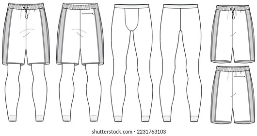 Men's oversize Sweat shorts with compression leggings tight pants front and back view flat sketch fashion illustration drawing, Knitted Jogger short vector template