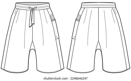 Men's oversize Sweat shorts front and back view flat sketch fashion illustration, Knitted Jogger short design drawing vector template