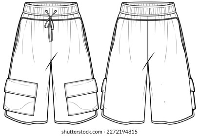 Men's oversize Sweat shorts front and back view flat sketch fashion illustration, Knitted Cargo Jogger short with cargo utility pockets design drawing vector template