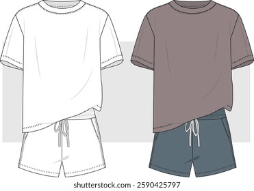 Men's oversize t shirt and drawstring elastic waist band short pant flat sketch vector illustration sleepwear, casual wear, pajama set cad drawing mockup template.