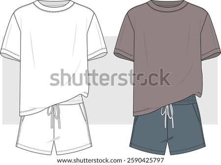 Men's oversize t shirt and drawstring elastic waist band short pant flat sketch vector illustration sleepwear, casual wear, pajama set cad drawing mockup template.