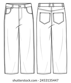 Men's oversized denim jeans trouser pants front and back view flat sketch fashion illustration, five pockets baggy loose fit denim jeans vector template