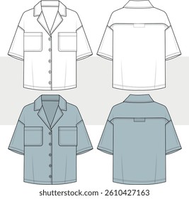 Men's oversized relaxed fit resort Hawaiian shirt, retro camp collar, flat sketch technical drawing, vector, illustration. Front and back view. Cad, Mockup.