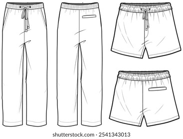 Pantalones cortos de pijama y boxer para hombres, dibujo de ilustración de moda de boceto plano de vista frontal y posterior, pantalones y pantalones cortos de pijama conjunto maqueta de Plantilla de Vector