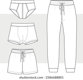 Men's Pajama bottom, boxer, shorts, pants front and back view flat sketch fashion illustration drawing, Underwear,  pants and shorts set vector template mockup