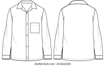 mens pajama shirt flat sketch vector illustration front and back view technical drawing template.