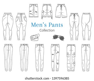 Men's pants collection, vector illustration. Different styles of  jeans, shorts, sweat pants, business formal pants, loose pants isolated on white background.