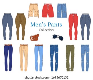 Men's pants collection, vector illustration. Different styles of  jeans, shorts, sweat pants, business formal pants, loose pants isolated on white background.