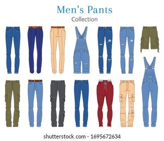 Men's pants collection, vector illustration. Different styles of  jeans, shorts, sweat pants, business formal pants, isolated on white background.