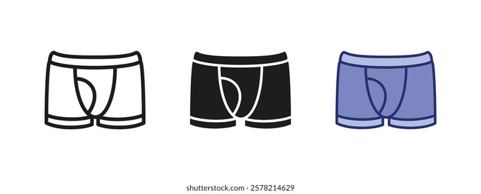 Men's pants icon. Male underwear vector illustration. Man briefs symbol. Boxers trunks sign. Classic cotton underclothing pictogram. Men's shorts pants underwear outline, line, black and blue concept.