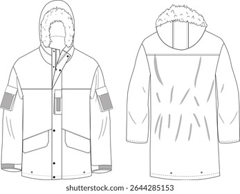 Jaqueta Parka dos homens frente e atrás ilustração, jaqueta de inverno com capuz com bolsos e detalhes