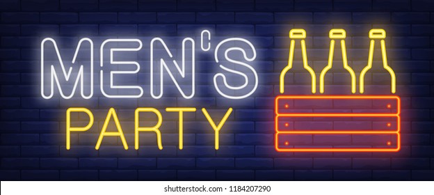 Mens party neon sign. Box with bottles of beer on brick wall background. Vector illustration in neon style for bachelor party, announcement, invitation