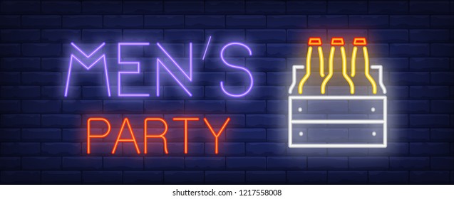 Mens Party Neon Sign. Glowing Inscription With Three Beer Bottles In Box On Dark Blue Brick Background. Can Be Used For Night Parties, Stag Parties, Night Clubs