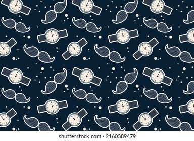 Men's pattern with men's accessories, clock and mustache for wrapping paper, cards, backgrounds, design.  Men's day, father's day, greeting vector illustration with stickers.