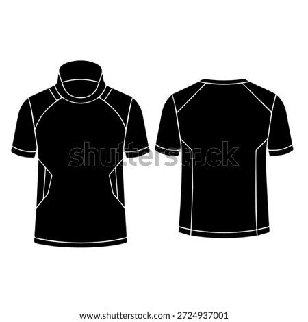 Men's Performance Athletic T-Shirt Flat Sketch Silhouette, Sports Compression Shirt Design Template with Raglan Sleeves and High Neck