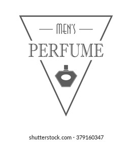 Men's perfume triangle badge. Perfume label with bottle on white background. Men's perfume shop advertising, window signage. Perfume logo, emblem, icon. Modern style. Monochrome vector illustration