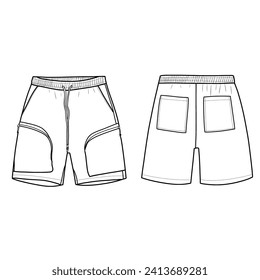 Men's pocket cargo shorts front and back view flat sketch fashion illustration