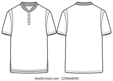 Collar de mandarín de polo de los hombres T Shirt dibujo plano ilustración de la moda maqueta maqueta maqueta maqueta arriba con vista frontal y trasera. Camiseta de cuello chino
