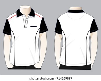 Men's polo shirt design vector with white/black colors and lines piping style.Front and back views.