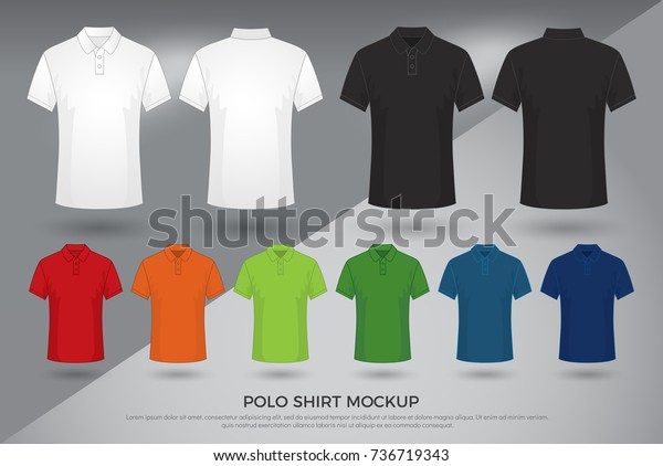 Men\'s polo shirt mockup, Set of black, white\
and colored blank polo shirts templates design. front and back\
view. vector\
illustration
