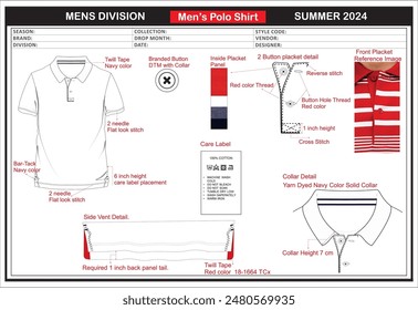 Men's Polo Shirt Tech Pack, with technical details.  