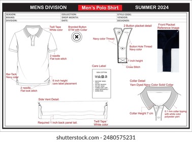 Men's polo shirt tech pack, with complete technical details.