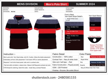 Men's polo shirt tech pack, with complete technical details.